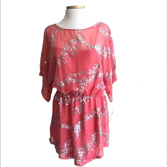 NWT Aqua Chiffon Blouson Silver Sequin Short Sleeves Mini Dress Coral Pink  Large